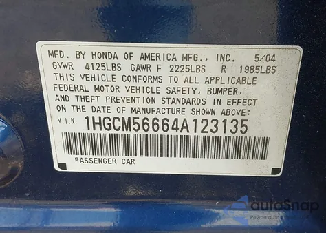 2004 Honda Accord 2.4 Ex из США, поврежденный, VIN 1HGCM56664A123135